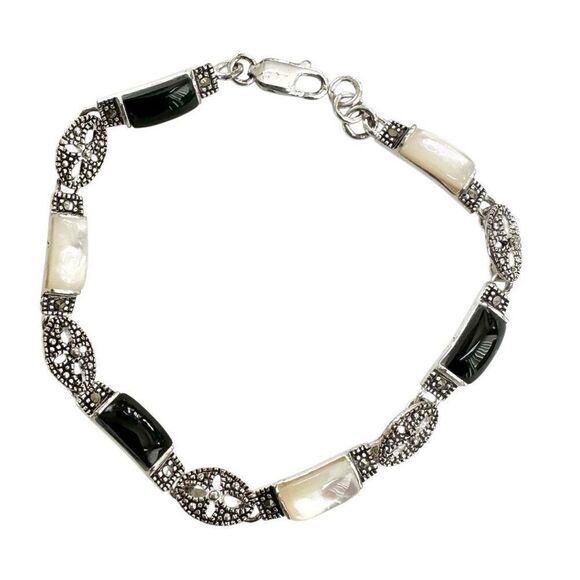 Sterling Silver Black Onyx Mother Of Pearl And Marcasite Bracelet - Picture 7 of 11